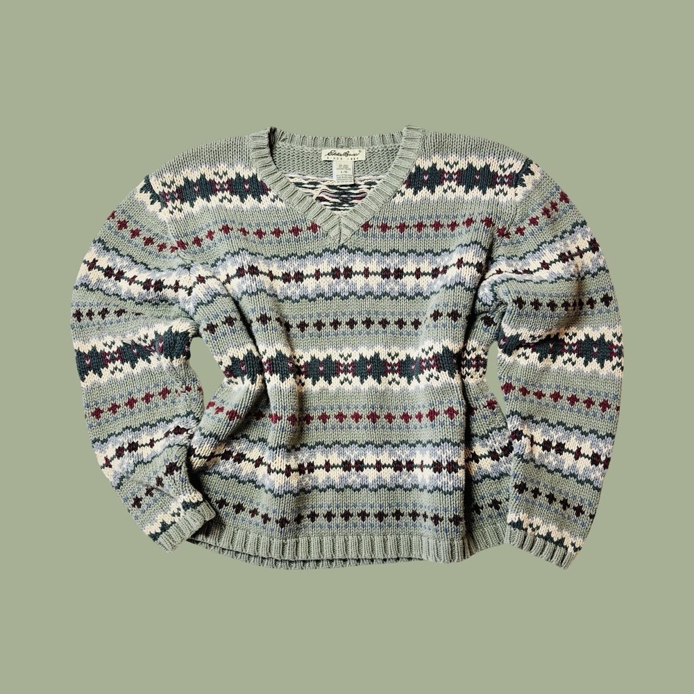 Vintage Eddie Bauer Wool Blend Fair Isle‎ Cropped Sweater Womens Size Large 90's